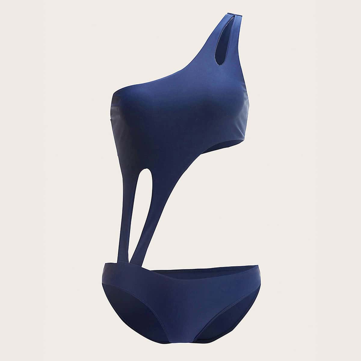 

One Shoulder Cut Out One Piece Swimsuit, Navy blue