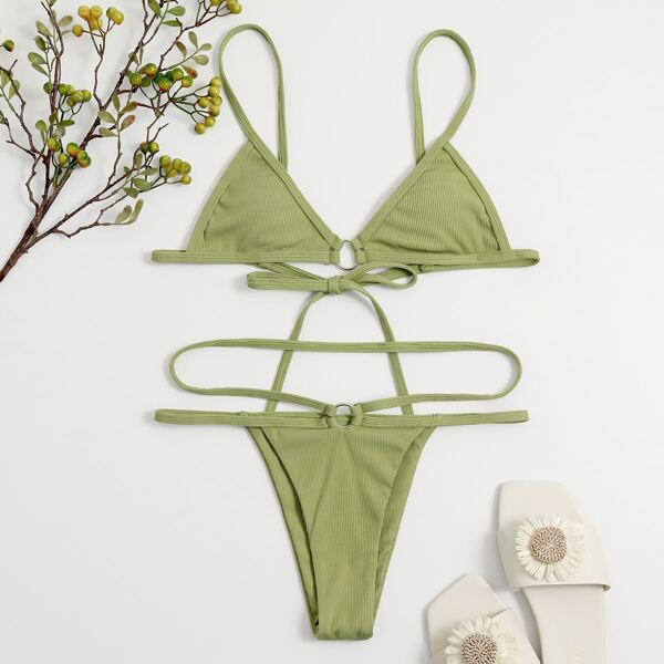 

Rib Ring Linked Micro Triangle Bikini Swimsuit, Green
