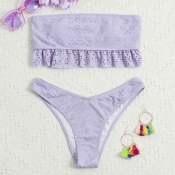 

Schiffy Ruffle Hem Bandeau Bikini Swimsuit, Lilac purple