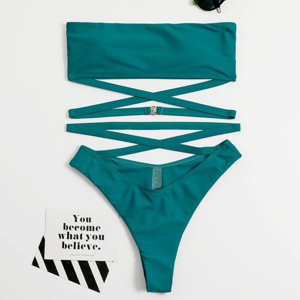 

Criss Cross Bandeau Bikini Swimsuit, Teal blue