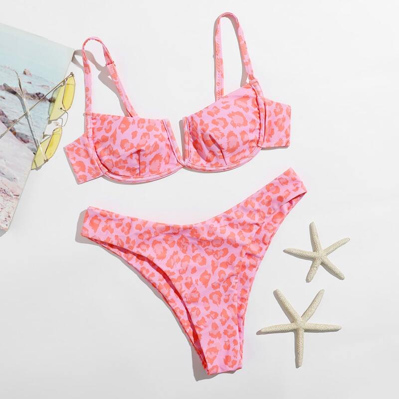 

Leopard V Wired High Cut Bikini Swimsuit, Watermelon pink