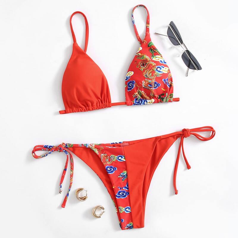 

Contrast Chinese Dragon Tie Side Bikini Swimsuit, Multicolor