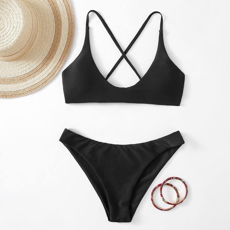 

Solid Criss Cross Bikini Swimsuit, Black
