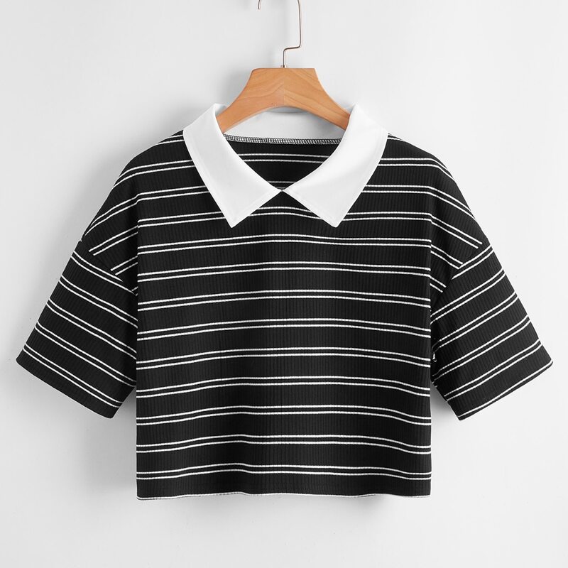 

Striped Contrast Collar Crop Tee, Black and white