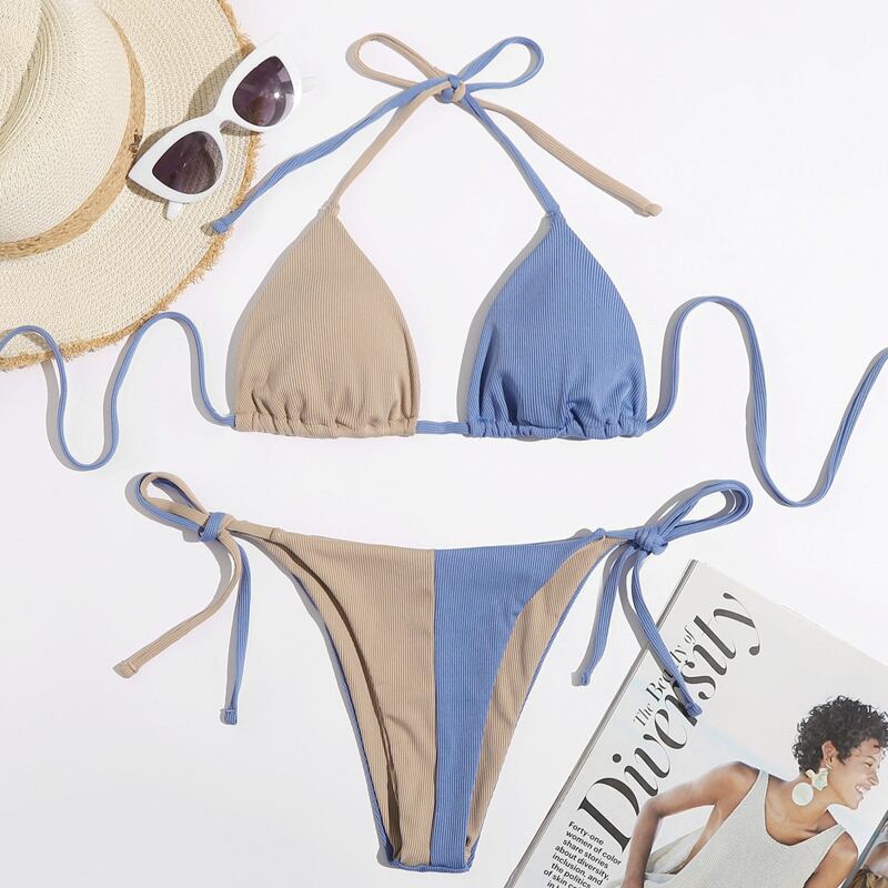 

Colorblock Triangle Tie Side Bikini Swimsuit, Multicolor