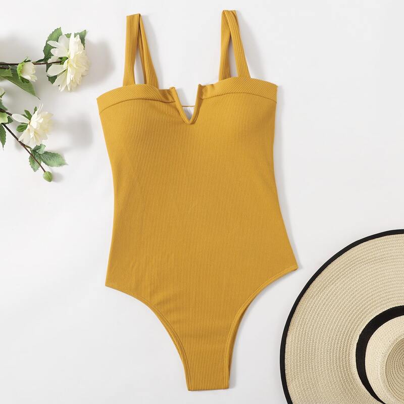 

Solid One Piece Swimsuit, Mustard yellow