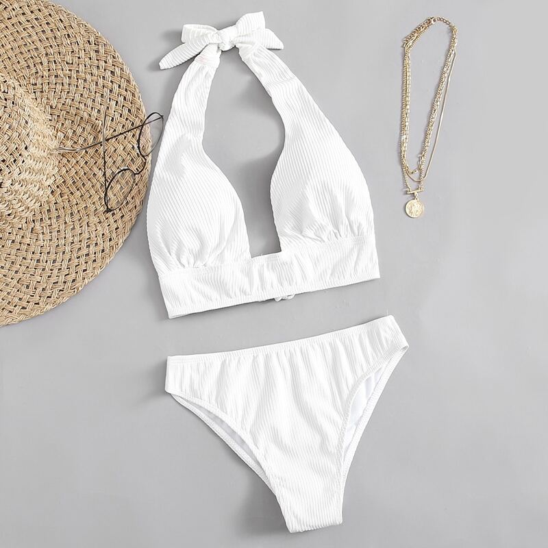 

Solid Plunge Bikini Swimsuit, White