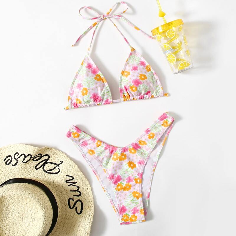 

Floral Triangle High Cut Bikini Swimsuit, Multicolor