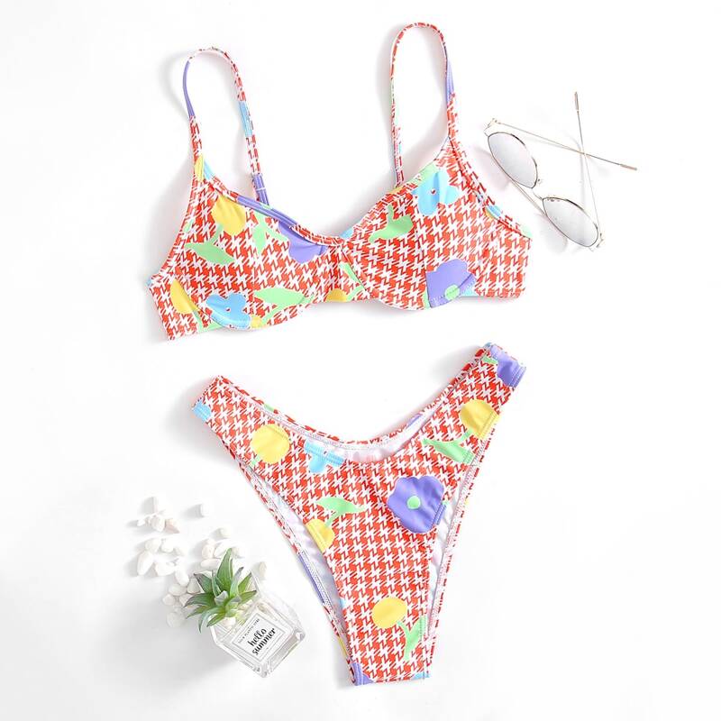 

Allover Print High Cut Bikini Swimsuit, Multicolor
