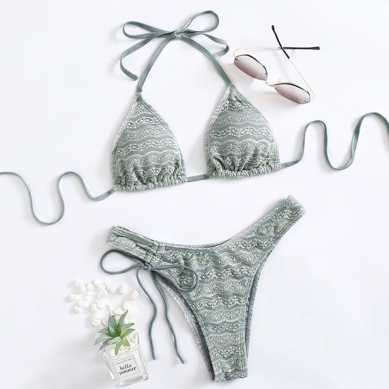 

Striped Triangle High Cut Bikini Swimsuit, Green
