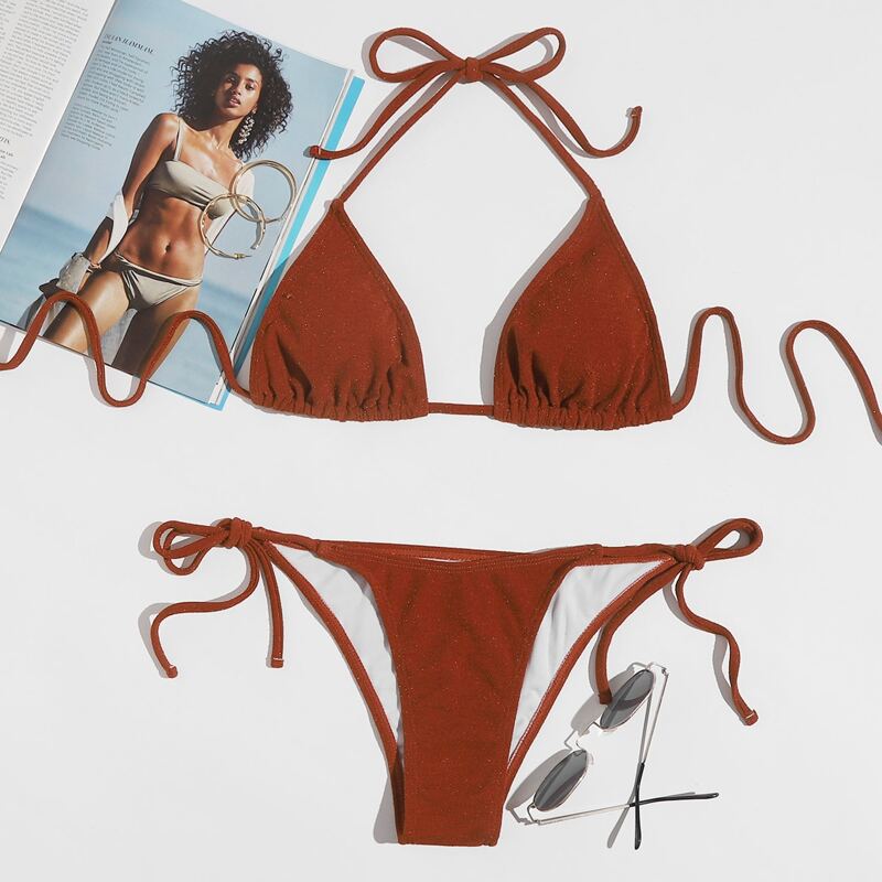 

Glitter Triangle Tie Side Bikini Swimsuit, Rust brown