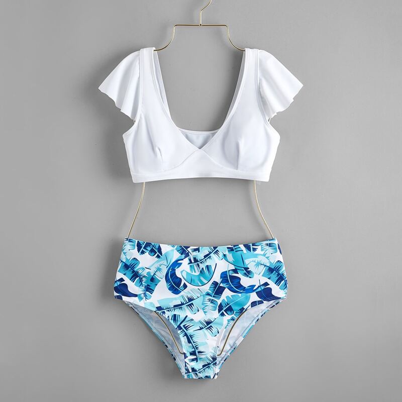 

Leaf Print Ruffle Bikini Swimsuit, Blue and white