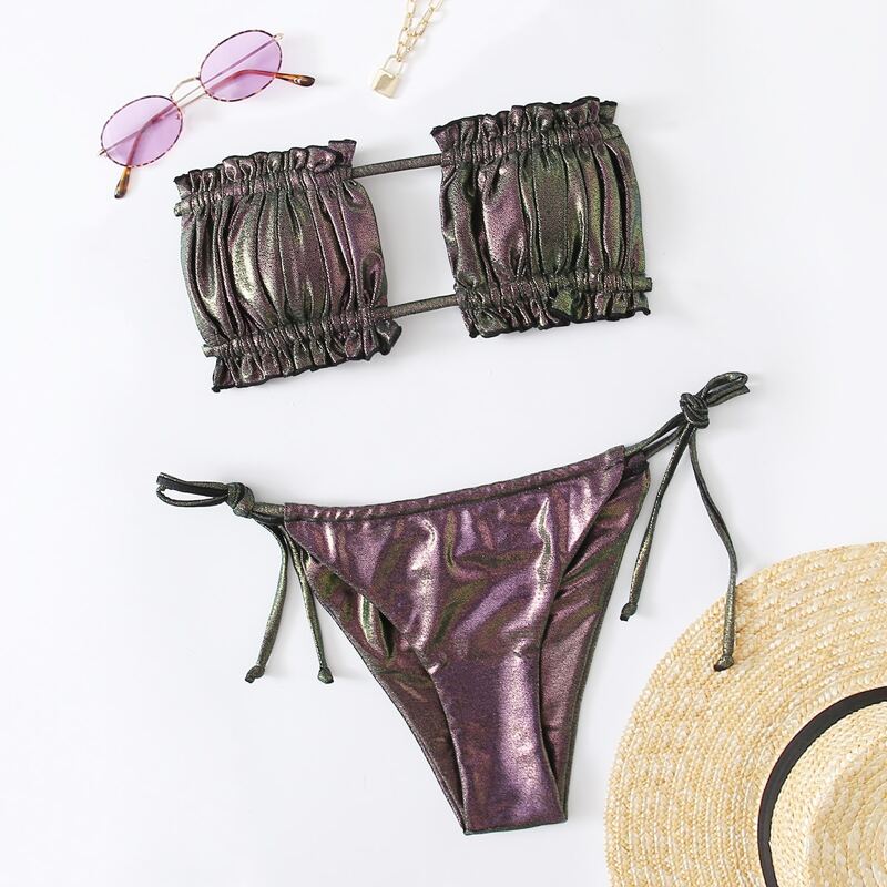 

Metallic Ruched Tie Side Bikini Swimsuit, Multicolor