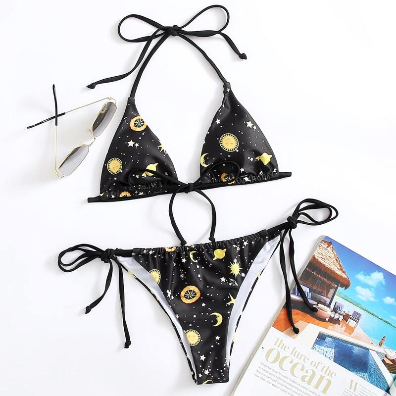 

Galaxy Print Triangle Tie Side Bikini Swimsuit, Multicolor