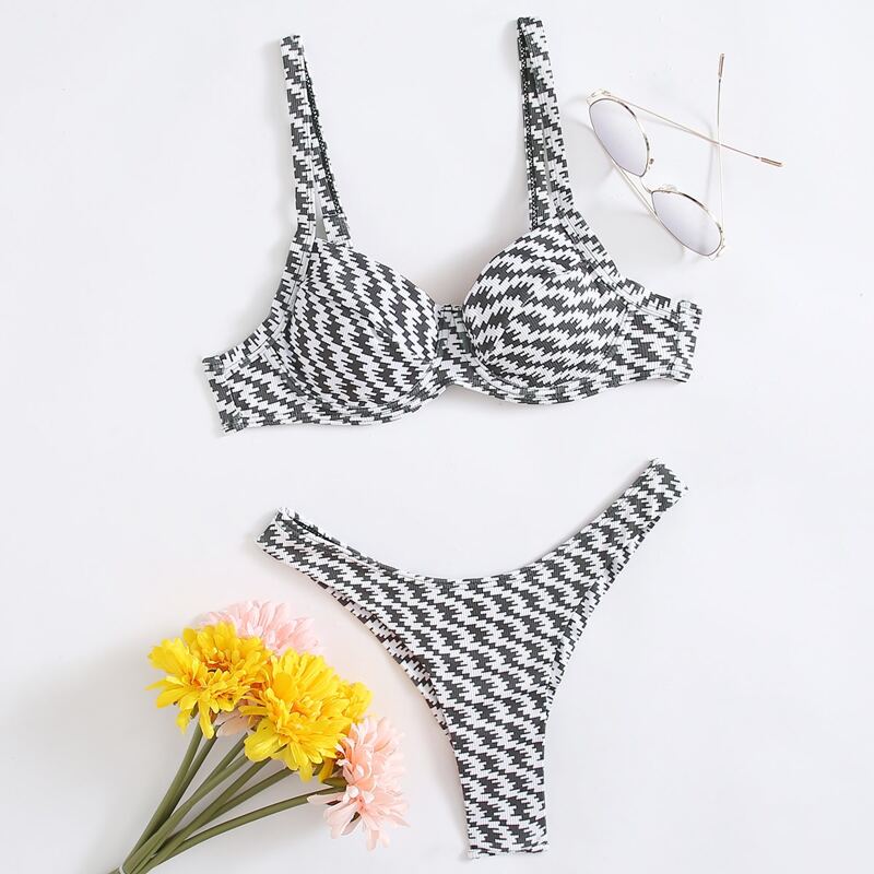 

Houndstooth Print High Cut Bikini Swimsuit, Black and white