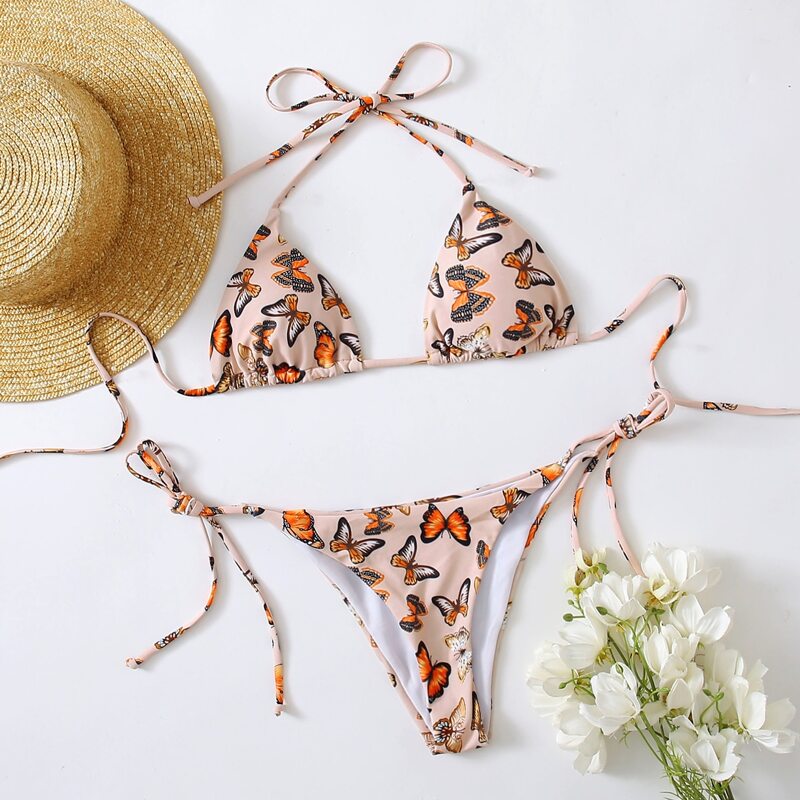 

Butterfly Print Triangle Tie Side Bikini Swimsuit, Multicolor