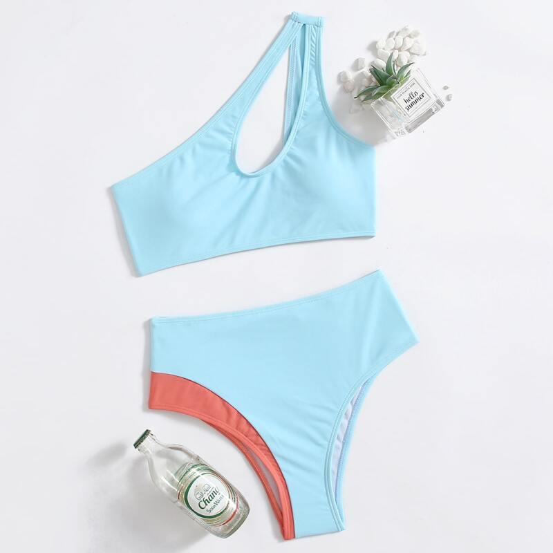 

Asymmetrical Neck Cut-out High Waist Bikini Swimsuit, Baby blue