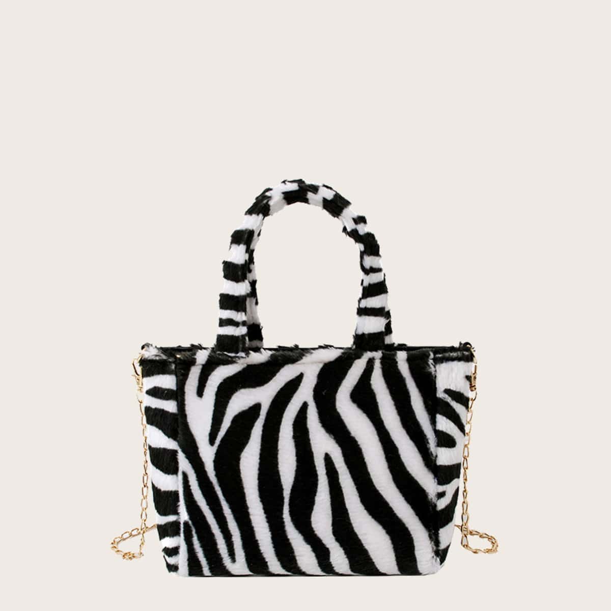 

Zebra Striped Fluffy Satchel Bag, Black and white