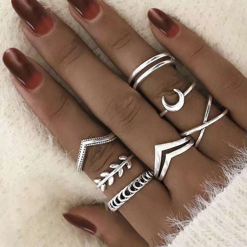 

7pcs Moon & Leaf Ring, Multicolor