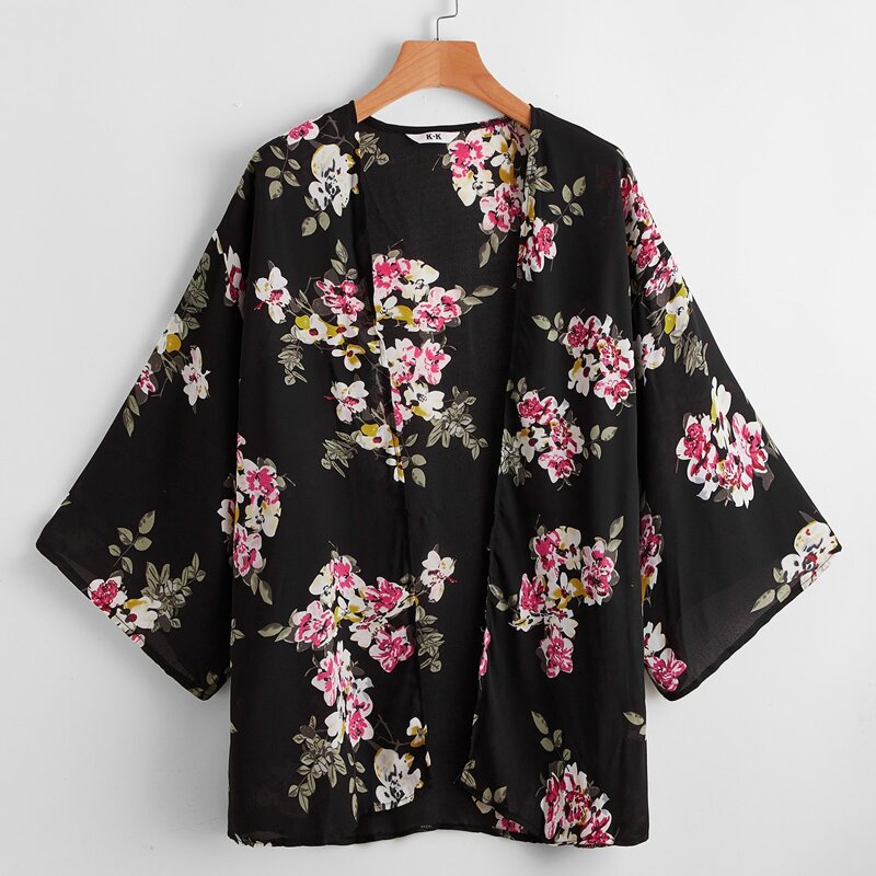 

Chiffon Floral Open Front Kimono, Multicolor