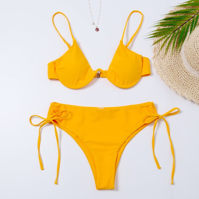 

Push Up Underwire Tie Side Bikini Swimsuit, Yellow