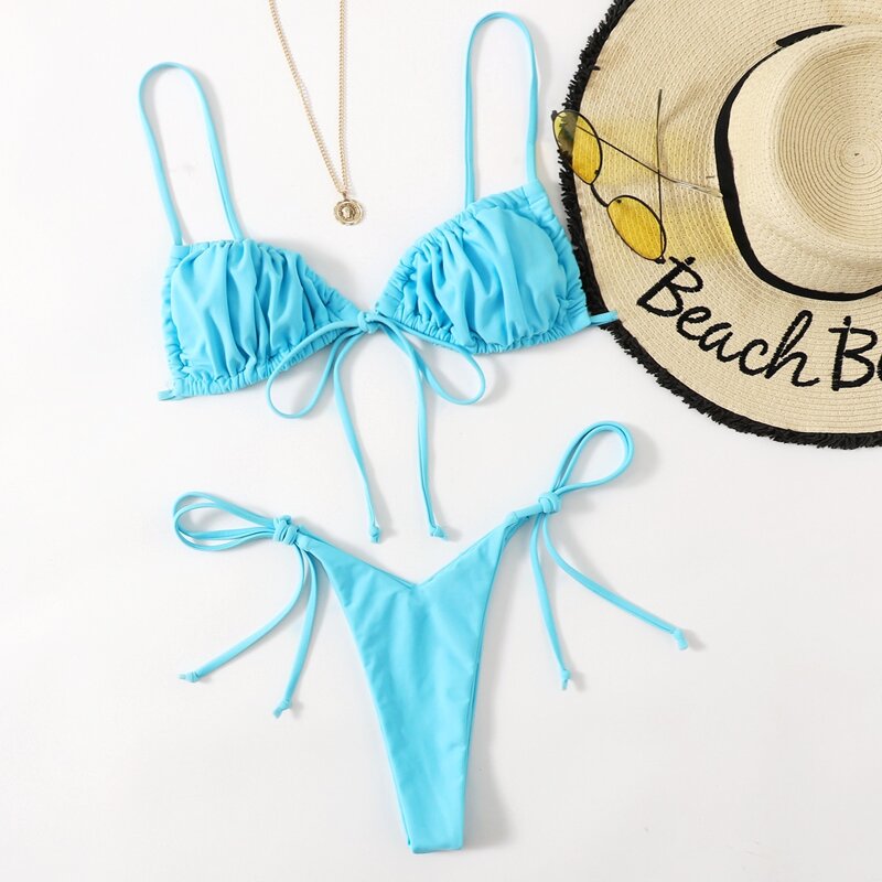

Solid Ruched Tie Side Bikini Swimsuit, Mint blue