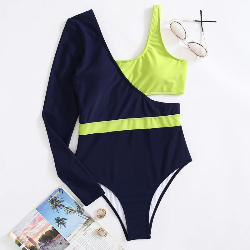 

Colorblock Asymmetrical Neck One Piece Swimsuit, Navy blue