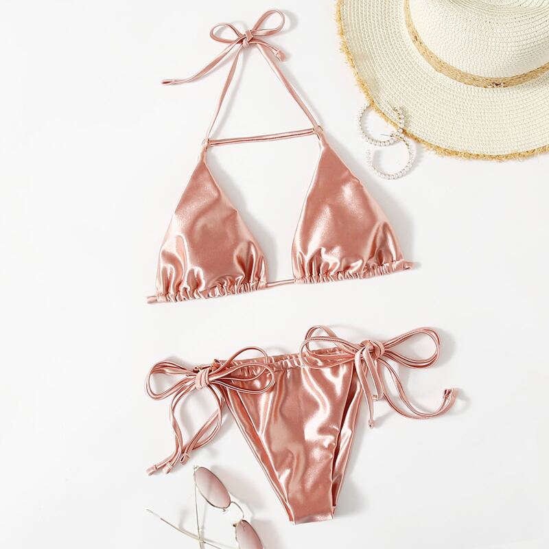 

Metallic Triangle Tie Side Bikini Swimsuit, Pink