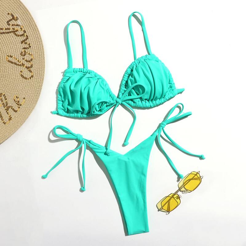 

Solid Ruched Tie Side Bikini Swimsuit, Neon mint blue