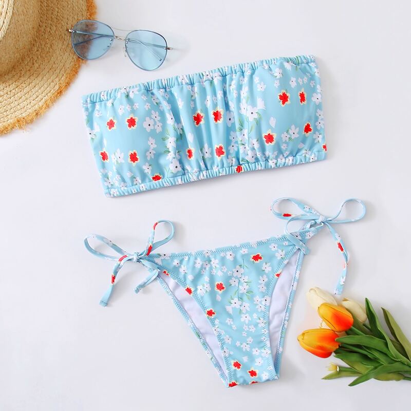 

Floral Tie Side Bikini Swimsuit, Baby blue