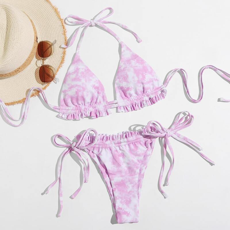 

Tie Dye Triangle Tie Side Bikini Swimsuit, Pink
