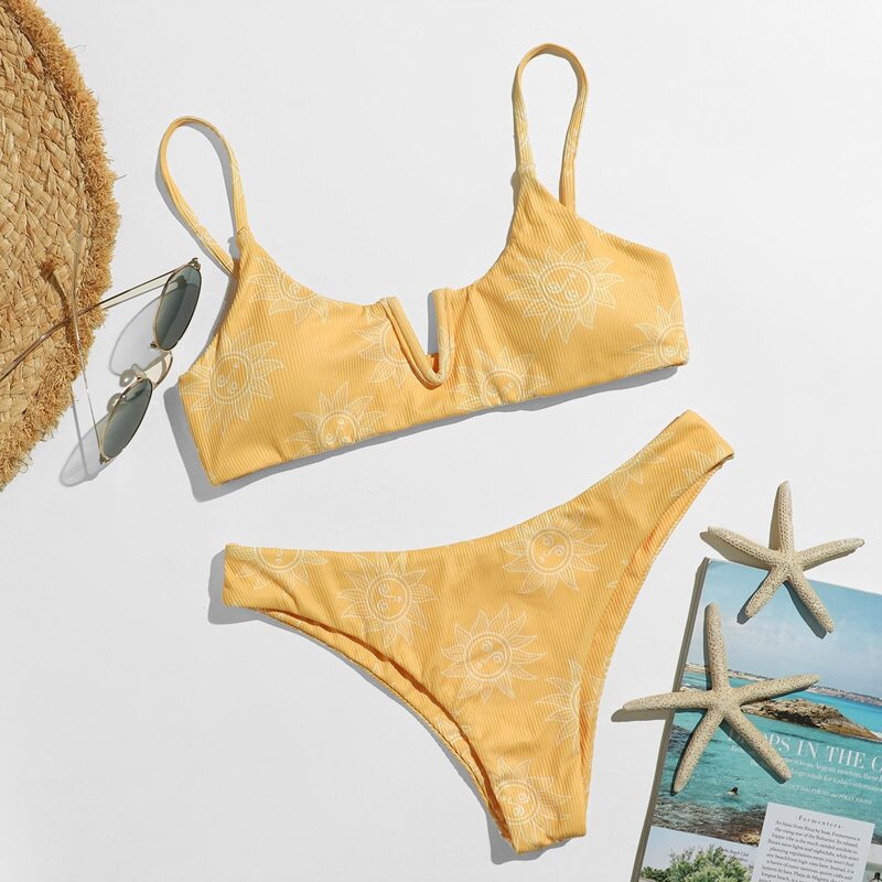 

Sun Print V Wired High Cut Bikini Swimsuit, Yellow