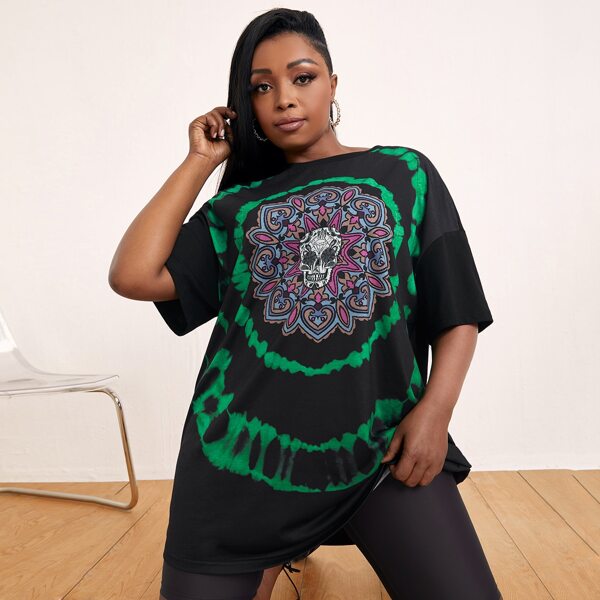 

Plus Skeleton Print Tie Dye Top, Black