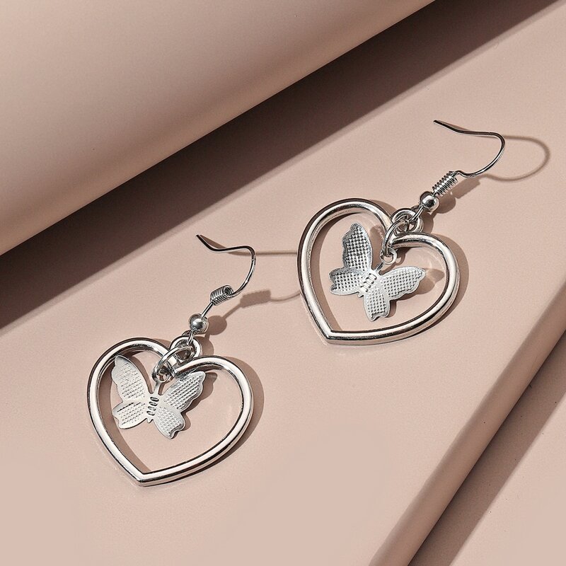 

Heart & Butterfly Drop Earrings, Silver