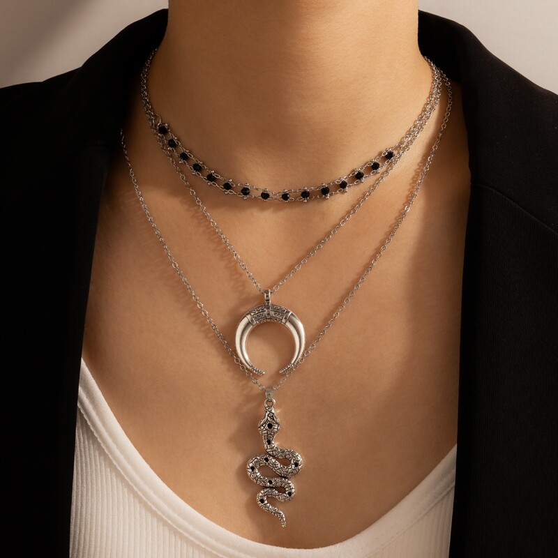 

Snake & Moon Charm Layered Necklace, Silver