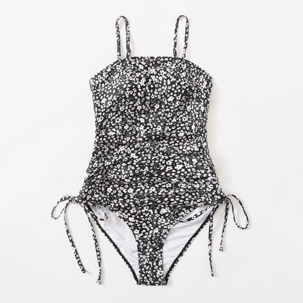 

Ditsy Floral Tie Side One Piece Swimsuit, Black and white