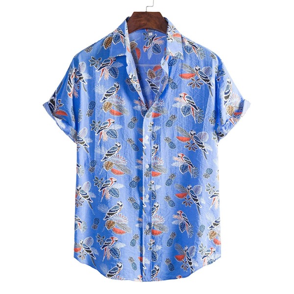 

Men Parrot And Fruit Print Button Up Shirt, Blue