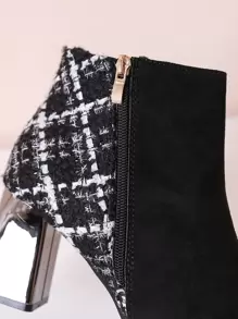 Botas de tacón grueso con cremallera lateral y puntera en punta a cuadros clásicas negras - Negro - Ver 4