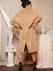 SHEIN 西裝領紐扣後開衩毛邊外套 - 駝色 - 查看 2