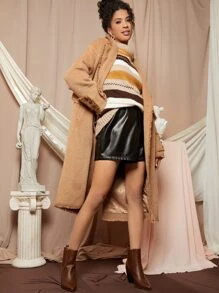 SHEIN 西裝領紐扣後開衩毛邊外套 - 駝色 - 查看 4