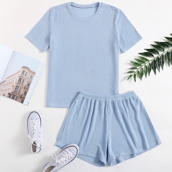 

Solid Rib-knit Tee & Shorts Lounge Set, Baby blue
