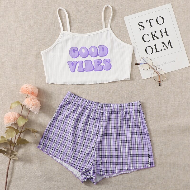 

Slogan Graphic Cami Top & Plaid Shorts Pajama Set, Multicolor