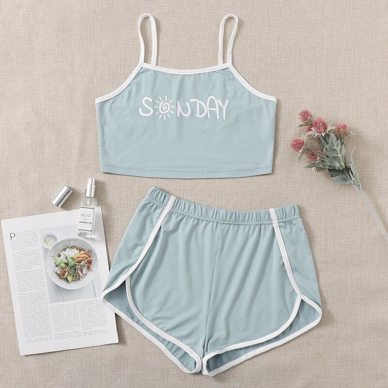 

Letter Graphic Contrast Binding Pajama Set, Baby blue