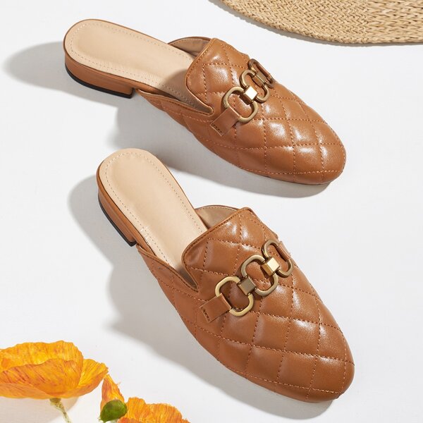 

Metal Decor Quilted Flat Mules, Ginger