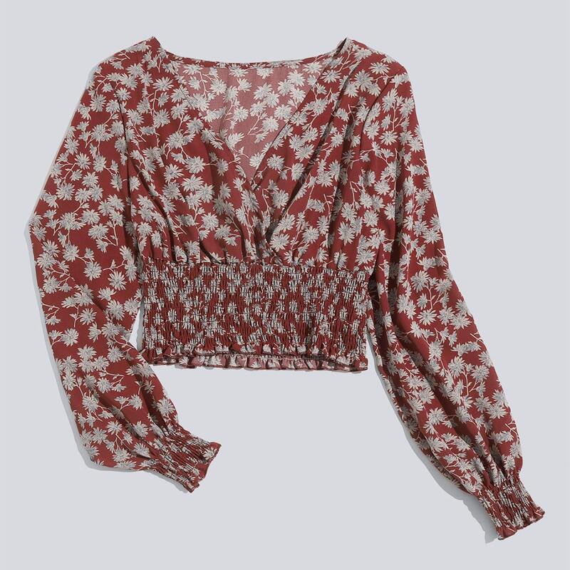 

Ditsy Flower Wrap Shirred Blouse, Redwood