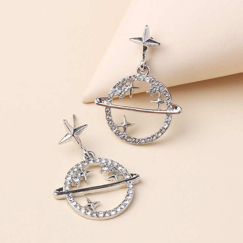 

Rhinestone Planet Drop Earrings, Silver