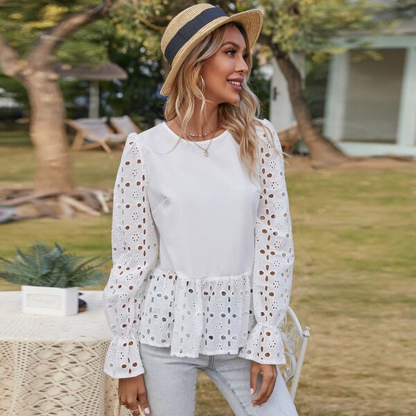 

Flounce Sleeve Eyelet Embroidered Peplum Top, White