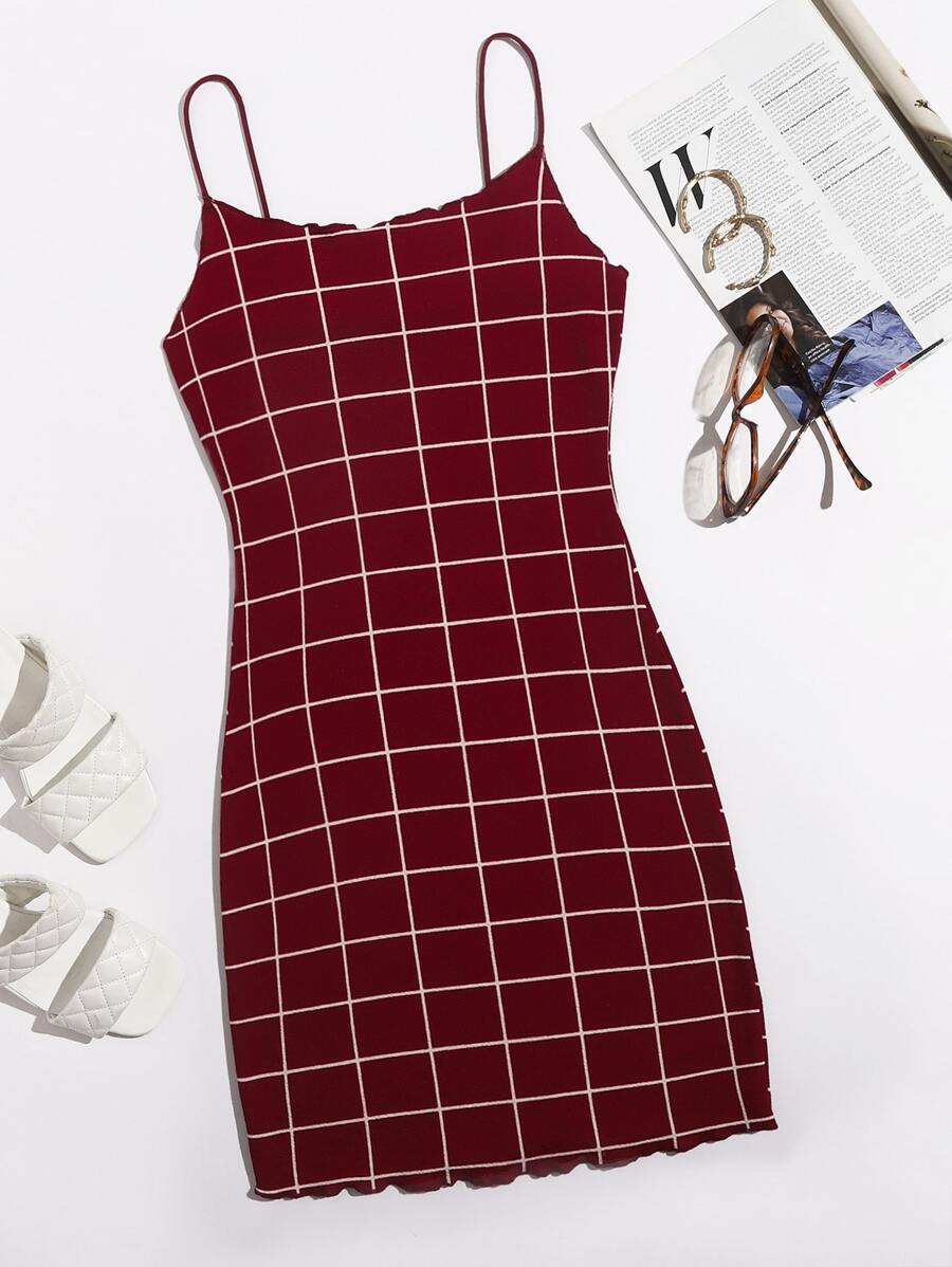 SHEIN Privé Lettuce Trim Grid Bodycon Dress - Maroon - View 1