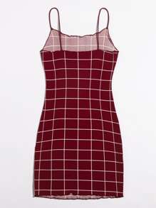 SHEIN Privé Lettuce Trim Grid Bodycon Dress - Maroon - View 2