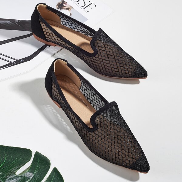 

Point Toe Fishnet Overlay Flats, Black